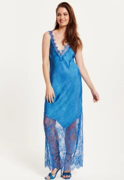 Women's Maxi Dress with Lace Detail, Deep V-Neck, and Ankle Length in Blue - Liquorish