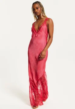 Women's Maxi Dress with Lace Detail and Deep V-Neck in Red, Regular to Loose Fit, Short Sleeves - Liquorish