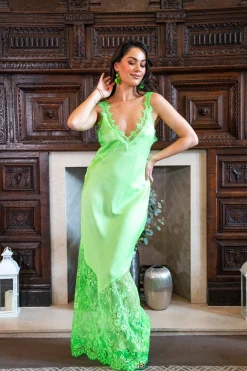 Women's Maxi Dress with Lace Detailing, Deep V-Neck and Sleeveless Design in Green - Liquorish