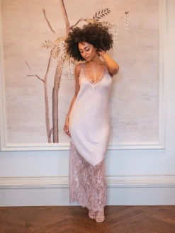 Women's Maxi Dress with Lace Detail V-Neck and Sleeveless Design in Rose Pink - Liquorish