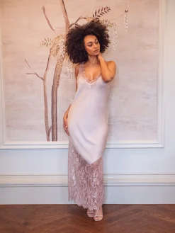 Women's Maxi Dress with Lace Detail V-Neck and Sleeveless Design in Rose Pink - Liquorish