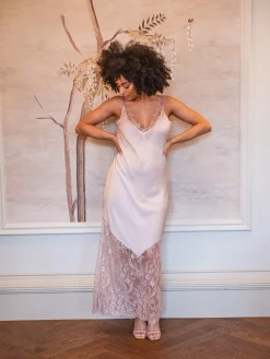 Women's Maxi Dress with Lace Detail V-Neck and Sleeveless Design in Rose Pink - Liquorish