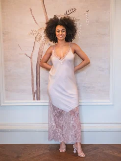 Women's Maxi Dress with Lace Detail V-Neck and Sleeveless Design in Rose Pink - Liquorish