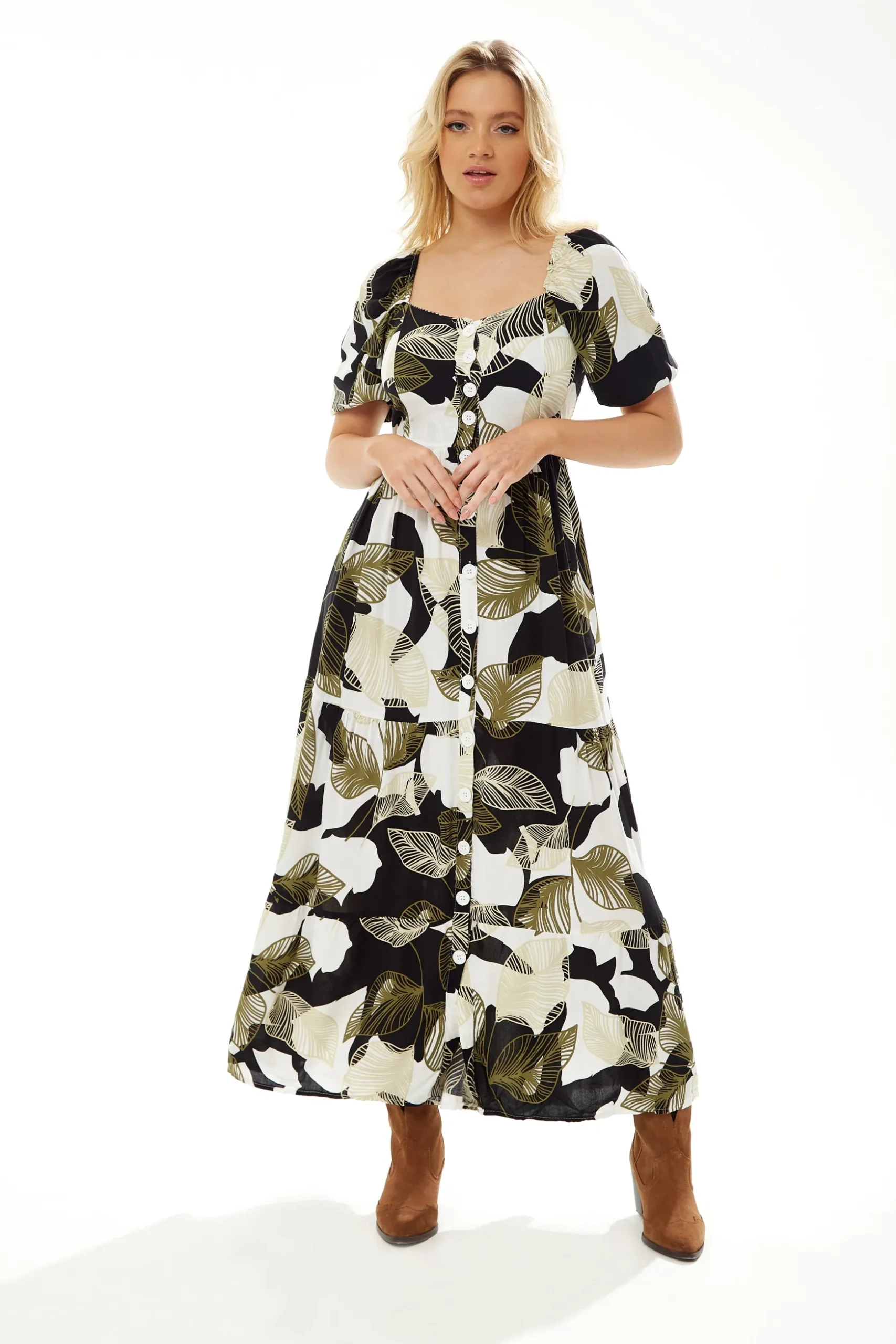 Women's Maxi Dress with Leaf Print, Button Up Front, Short Sleeves - Stylish and Comfortable, Liquorish