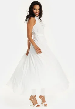 Women's Maxi Dress with Leaf Detail and Tie Waist in Off White - Stylish and Comfortable by Liquorish