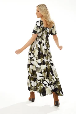 Women's Maxi Dress with Leaf Print, Button Up Front, Short Sleeves - Stylish and Comfortable, Liquorish