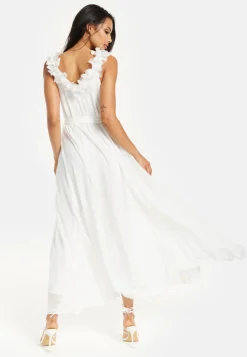 Women's Maxi Dress with Leaf Detail and Tie Waist in Off White - Stylish and Comfortable by Liquorish