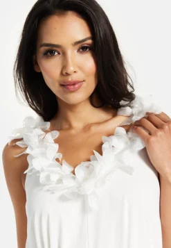 Women's Maxi Dress with Leaf Detail and Tie Waist in Off White - Stylish and Comfortable by Liquorish