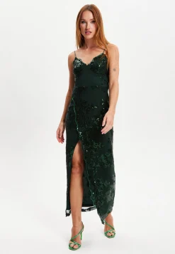 Women's Maxi Dress with Long Slit and Slim Fit in Forest Green Sequin - Liquorish