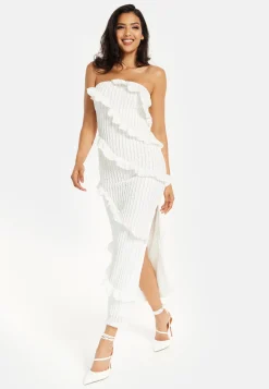 Women’s Maxi Dress with Off Shoulder Design and Diagonal Frilled Slit Detail in White