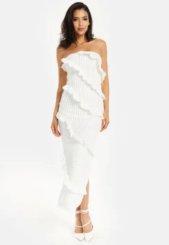 Women’s Maxi Dress with Off Shoulder Design and Diagonal Frilled Slit Detail in White
