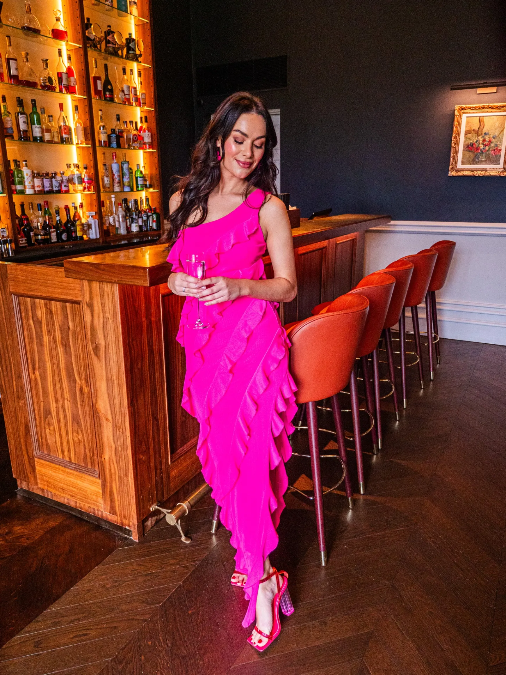 Women's Maxi Dress with One Shoulder Design and Diagonal Ruffle Detail in Pink - Liquorish