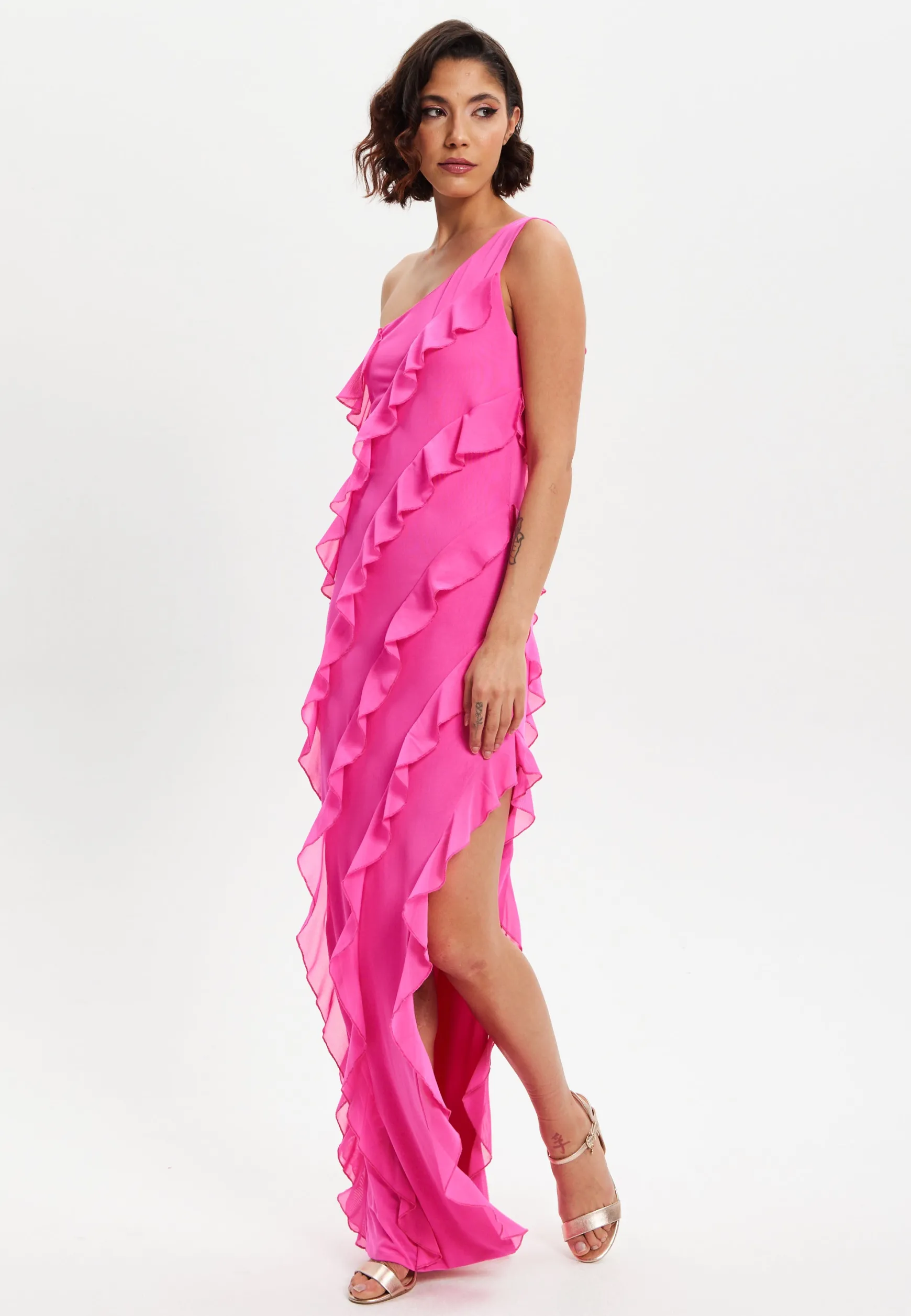 Women's Maxi Dress with One Shoulder Design and Diagonal Ruffle Detail in Pink - Liquorish