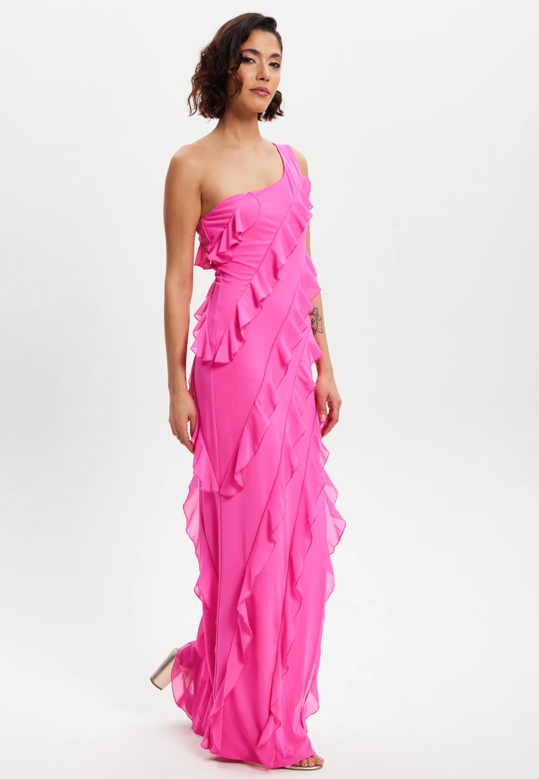 Women's Maxi Dress with One Shoulder Design and Diagonal Ruffle Detail in Pink - Liquorish