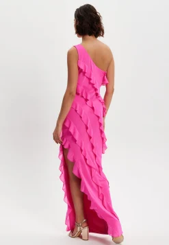 Women's Maxi Dress with One Shoulder Design and Diagonal Ruffle Detail in Pink - Liquorish