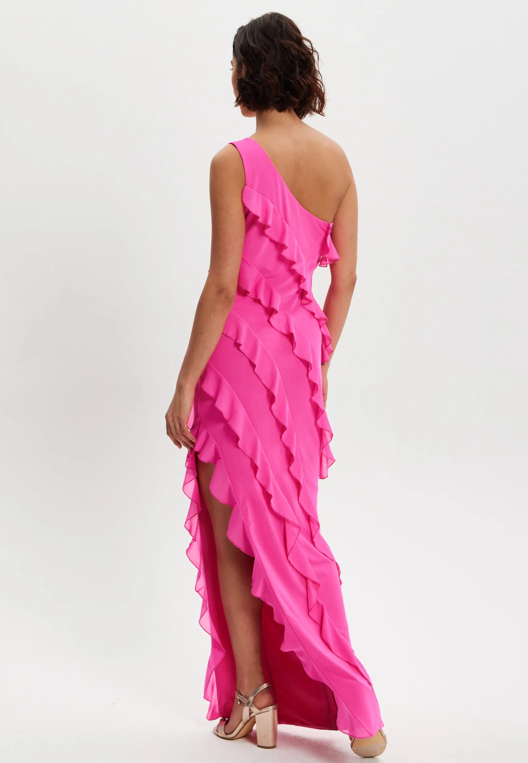 Women's Maxi Dress with One Shoulder Design and Diagonal Ruffle Detail in Pink - Liquorish