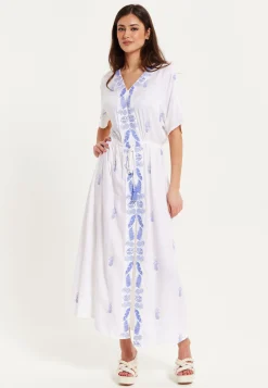 Women's Maxi Dress with Short Sleeves, Blue Pineapple Embroidery in White - Liquorish