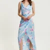 Women's Maxi Dress with Side Tie, Floral Print, Maxi Length, Sleeveless in Blue - Liquorish