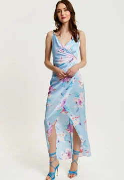 Women's Maxi Dress with Side Tie, Floral Print, Maxi Length, Sleeveless in Blue - Liquorish