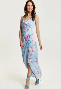 Women's Maxi Dress with Side Tie, Floral Print, Maxi Length, Sleeveless in Blue - Liquorish
