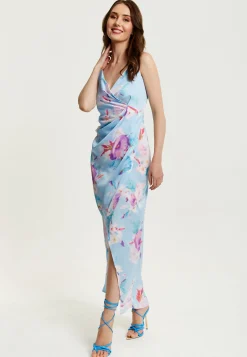 Women's Maxi Dress with Side Tie, Floral Print, Maxi Length, Sleeveless in Blue - Liquorish