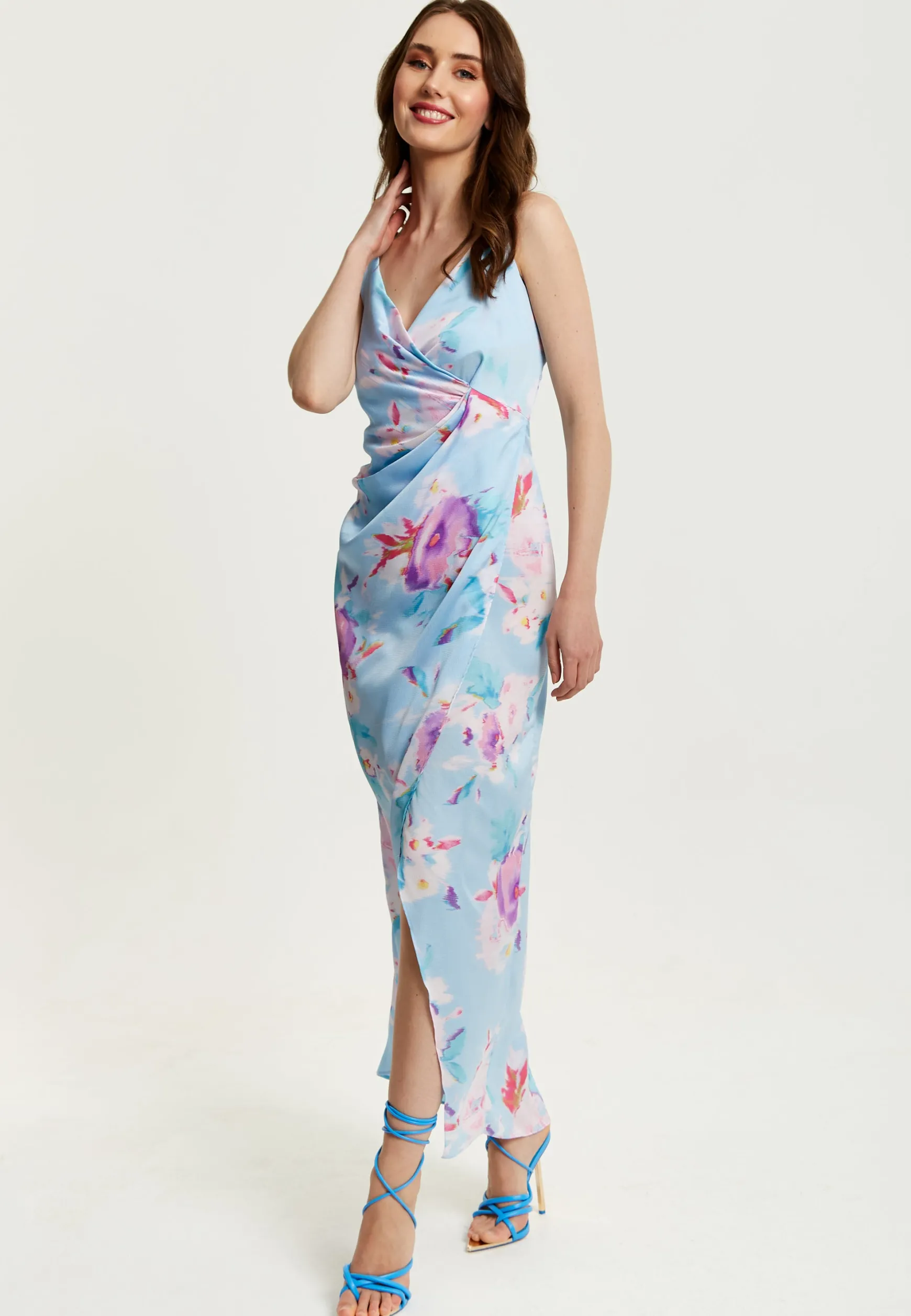 Women's Maxi Dress with Side Tie, Floral Print, Maxi Length, Sleeveless in Blue - Liquorish