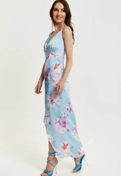 Women's Maxi Dress with Side Tie, Floral Print, Maxi Length, Sleeveless in Blue - Liquorish