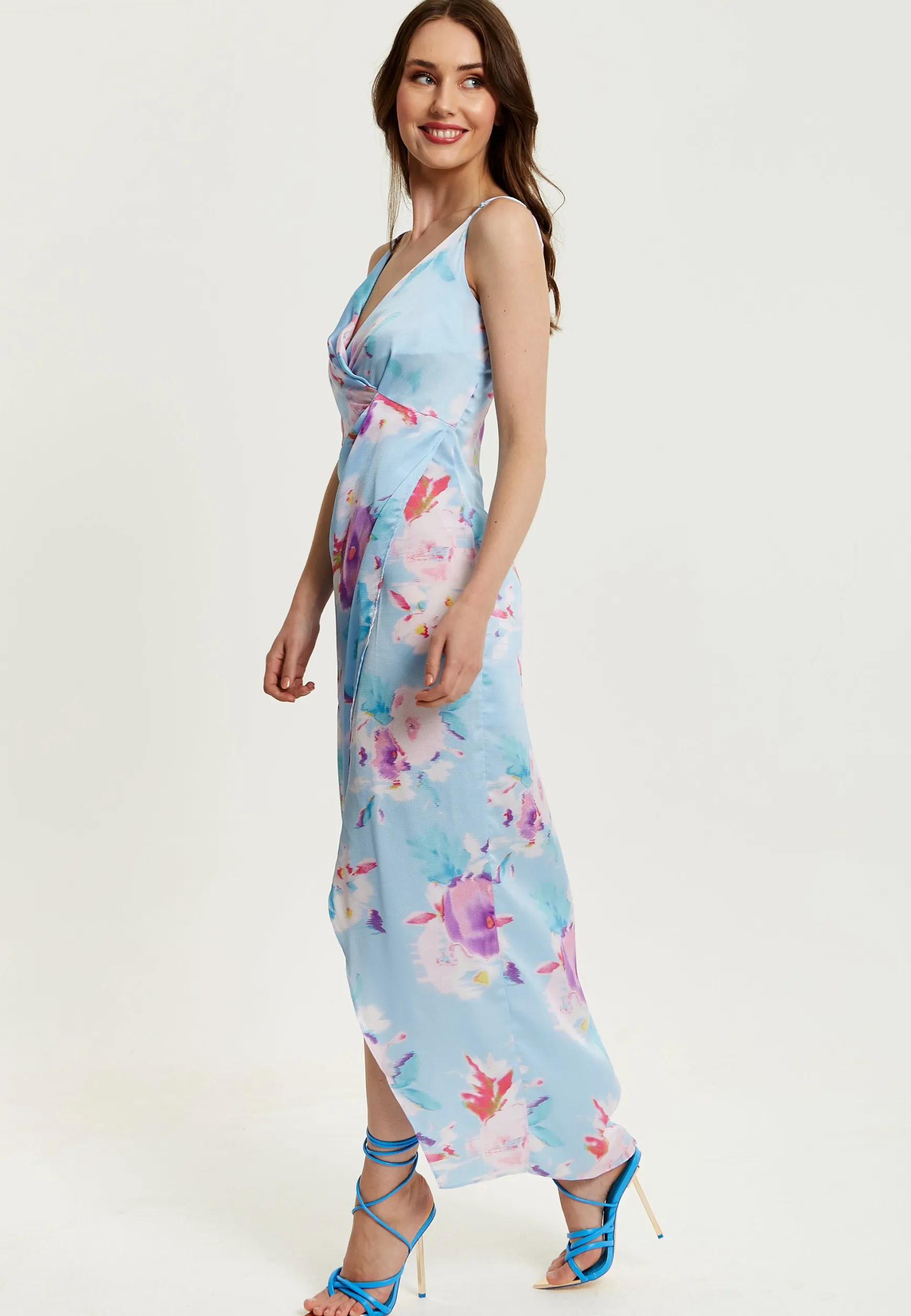 Women's Maxi Dress with Side Tie, Floral Print, Maxi Length, Sleeveless in Blue - Liquorish