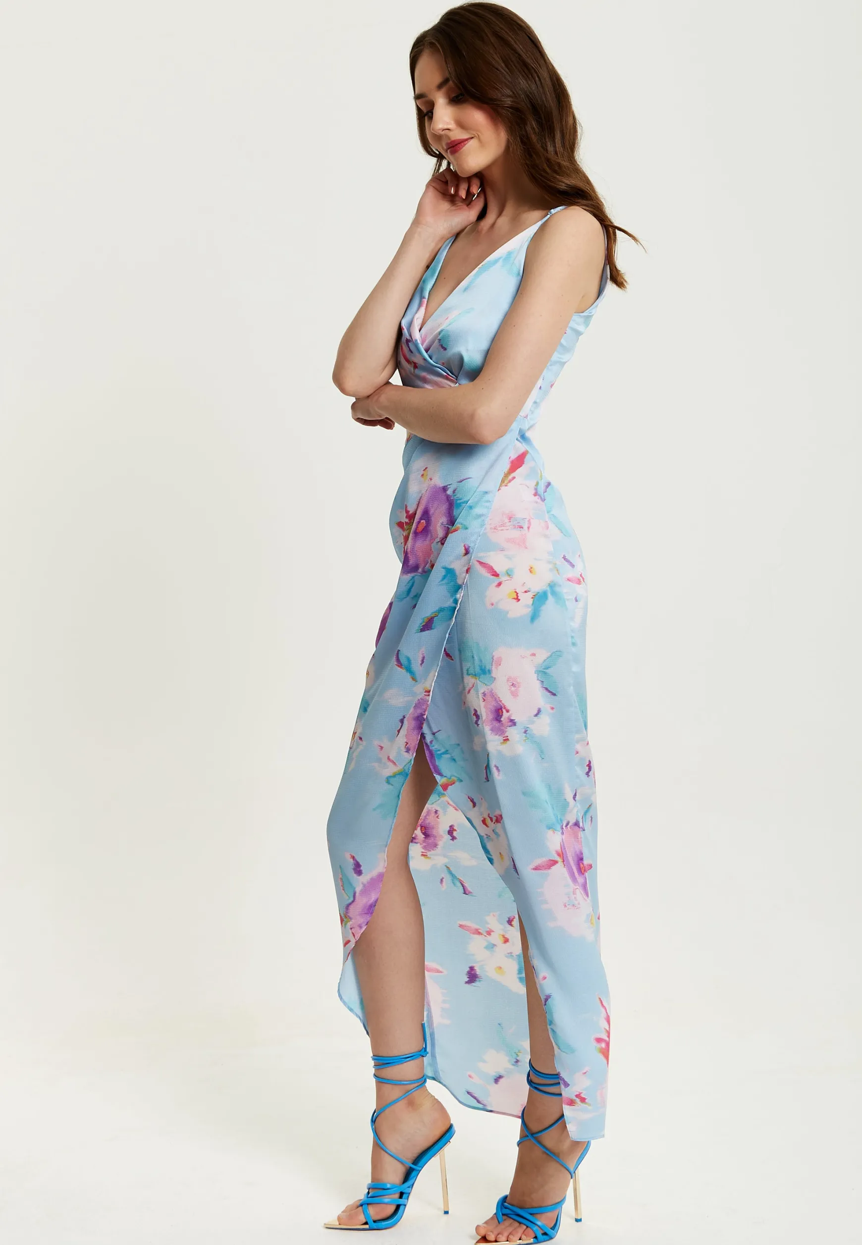 Women's Maxi Dress with Side Tie, Floral Print, Maxi Length, Sleeveless in Blue - Liquorish