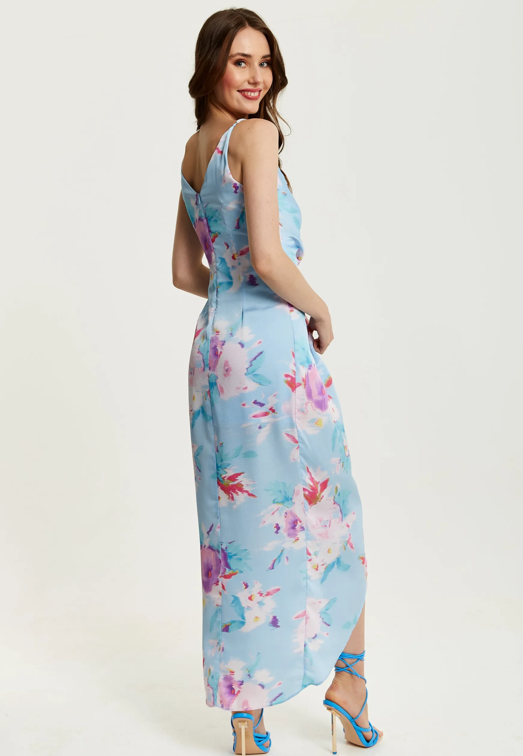 Women's Maxi Dress with Side Tie, Floral Print, Maxi Length, Sleeveless in Blue - Liquorish