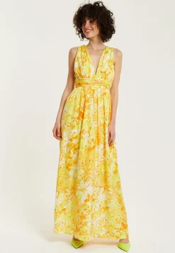 Women's Maxi Dress with Sleeveless Design in Yellow and Orange Floral Print - Elegant V-Neck Style by Liquorish