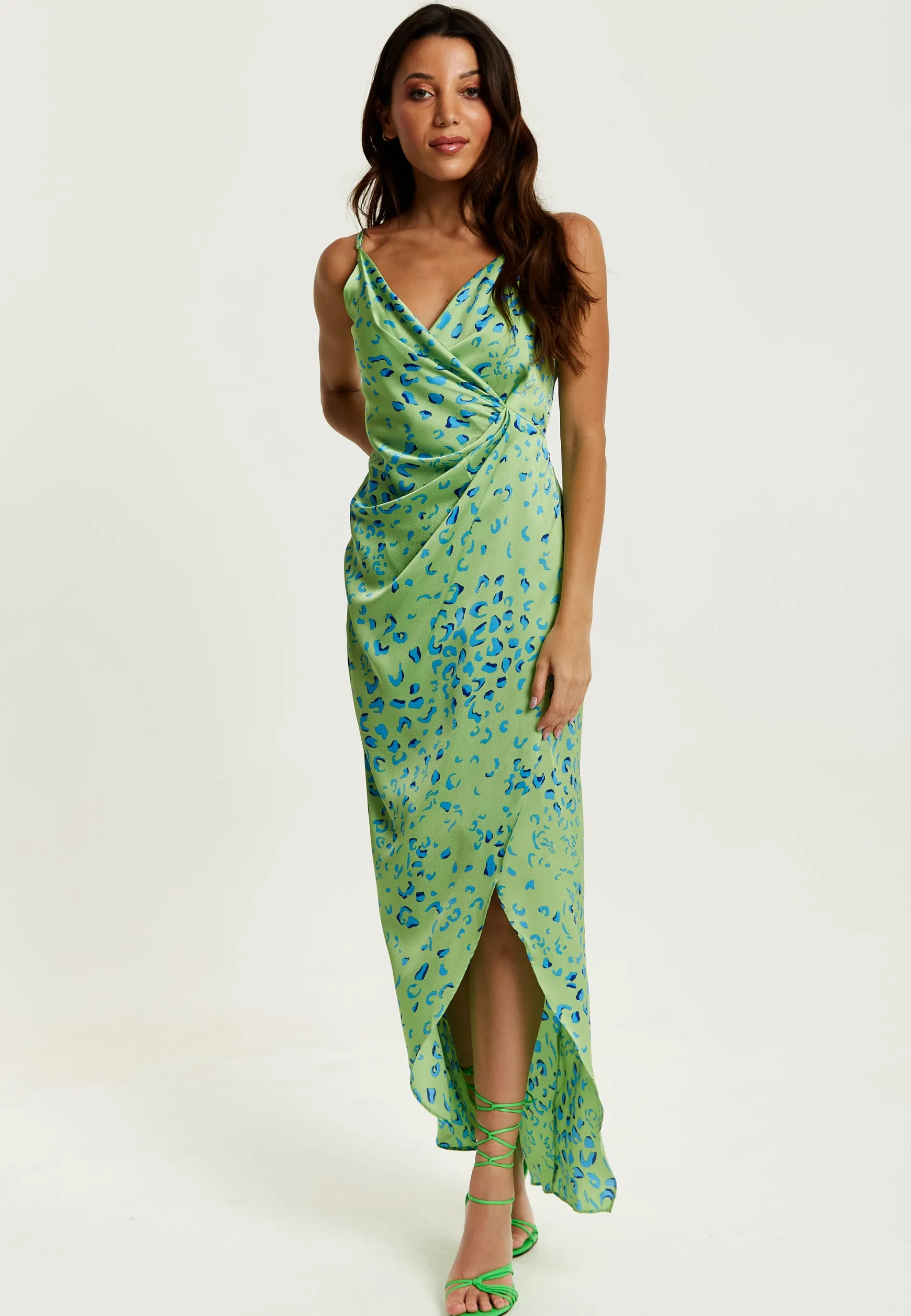 Women's Maxi Dress with Sleeveless Design in Mint and Blue Animal Print - Liquorish