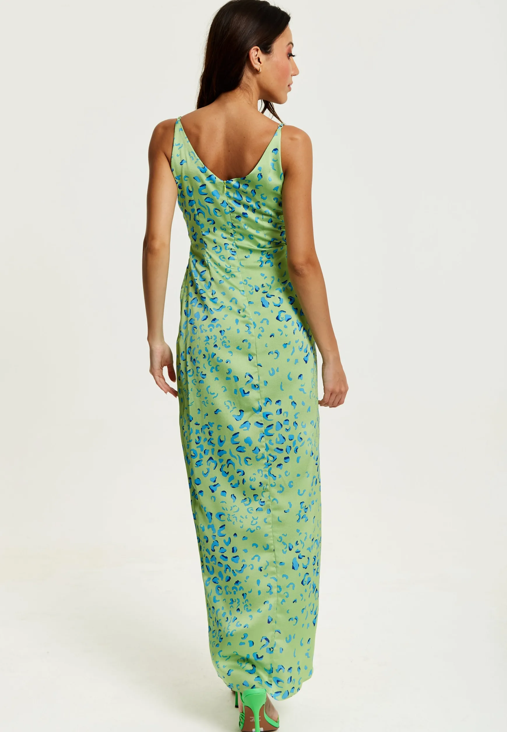 Women's Maxi Dress with Sleeveless Design in Mint and Blue Animal Print - Liquorish