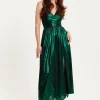Women's Maxi Dress with Strapless Design, Side Slit, Open Back, and Green Foil Print by Liquorish
