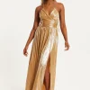 Women's Maxi Dress with Strapless Design, Gold Foil Print, Side Slit, and Open Back - Liquorish