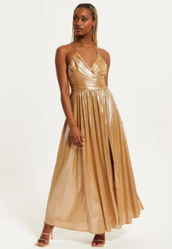 Women's Maxi Dress with Strapless Design, Gold Foil Print, Side Slit, and Open Back - Liquorish