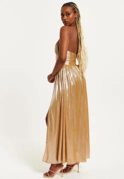 Women's Maxi Dress with Strapless Design, Gold Foil Print, Side Slit, and Open Back - Liquorish