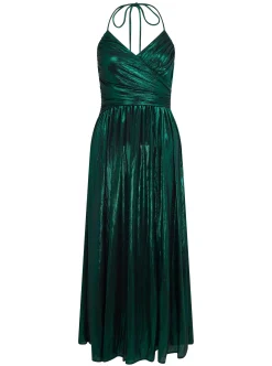 Women's Maxi Dress with Strapless Design, Side Slit, Open Back, and Green Foil Print by Liquorish