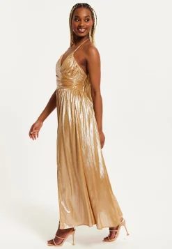 Women's Maxi Dress with Strapless Design, Gold Foil Print, Side Slit, and Open Back - Liquorish
