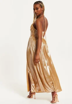 Women's Maxi Dress with Strapless Design, Gold Foil Print, Side Slit, and Open Back - Liquorish