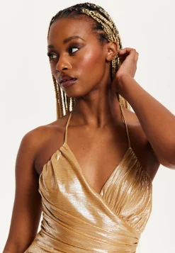 Women's Maxi Dress with Strapless Design, Gold Foil Print, Side Slit, and Open Back - Liquorish