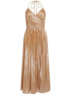 Women's Maxi Dress with Strapless Design, Gold Foil Print, Side Slit, and Open Back - Liquorish