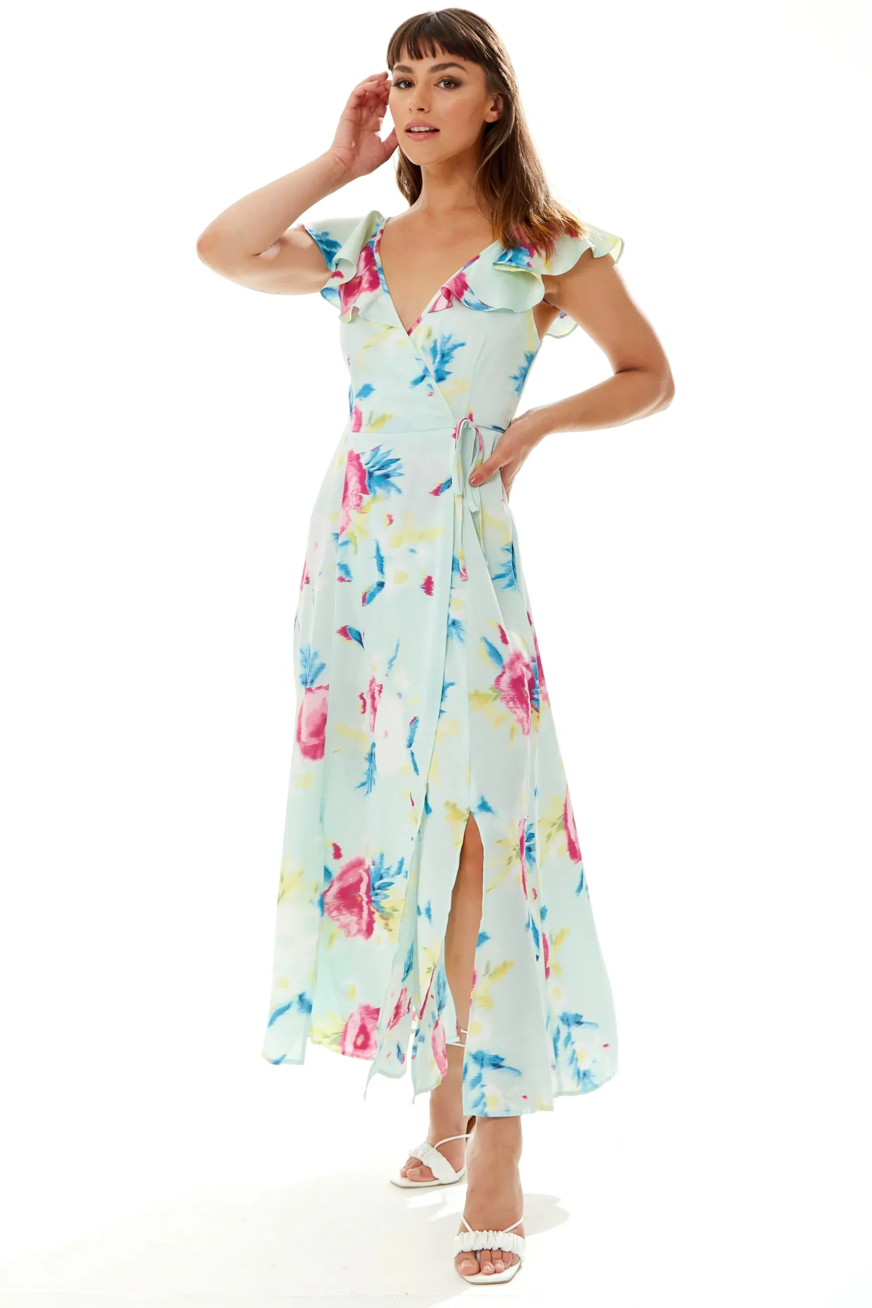 Women's Maxi Dress with V Neckline, Frill Sleeves and Side Tie in Mint Green - Liquorish