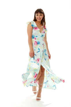 Women's Maxi Dress with V Neckline, Frill Sleeves and Side Tie in Mint Green - Liquorish