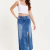 Women's Maxi Polka Dot Denim Skirt with Slit Detail and Belt Loops - 100% Cotton by Liquorish