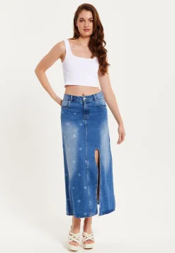 Women's Maxi Polka Dot Denim Skirt with Slit Detail and Belt Loops - 100% Cotton by Liquorish