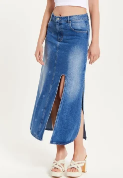 Women's Maxi Polka Dot Denim Skirt with Slit Detail and Belt Loops - 100% Cotton by Liquorish