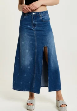 Women's Maxi Polka Dot Denim Skirt with Slit Detail and Belt Loops - 100% Cotton by Liquorish