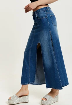 Women's Maxi Polka Dot Denim Skirt with Slit Detail and Belt Loops - 100% Cotton by Liquorish