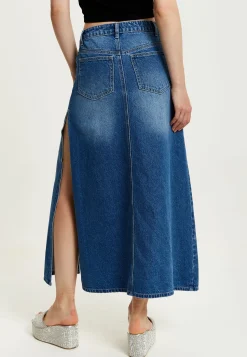 Women's Maxi Polka Dot Denim Skirt with Slit Detail and Belt Loops - 100% Cotton by Liquorish